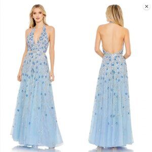 MAC DUGGAL 5654 FLORAL EMBELLISHED HALTER STRAP A-LINE POWDER BLUE GOWN sz 4